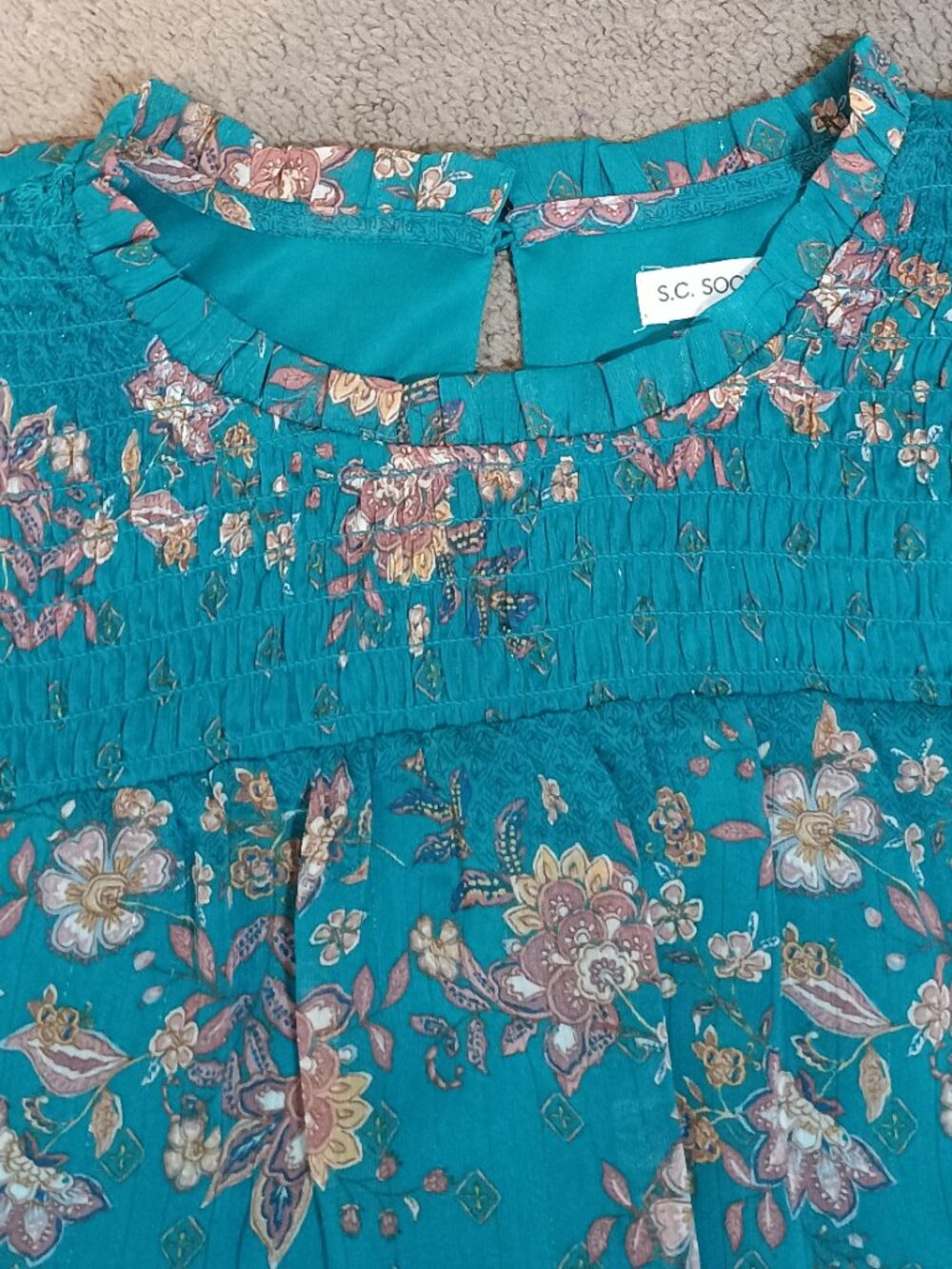 S C Society/Blouse Top/Women Large Teal Floral Sheer Chiffon Boho Romantic Style - Picture 3 of 10